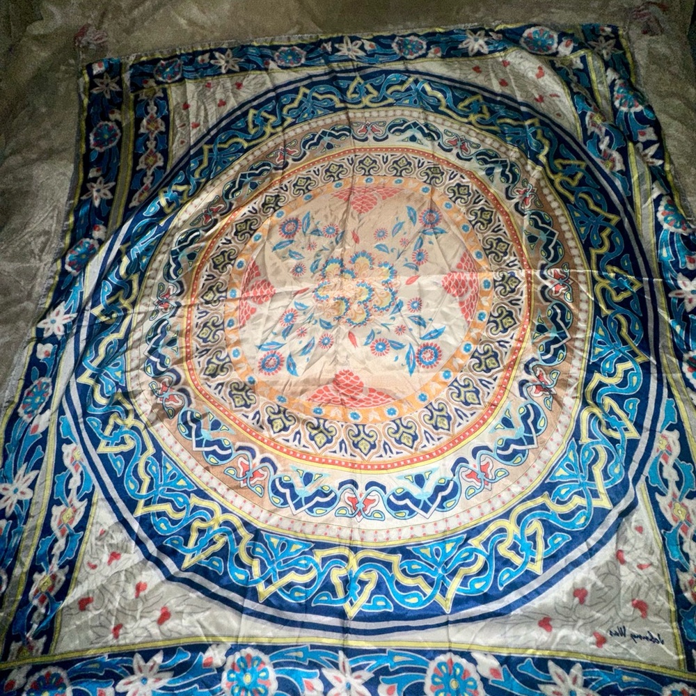 Johnny Was Blue Turquoise , White, Yellow & Coral Patterned Silk Scarf RARE FIND